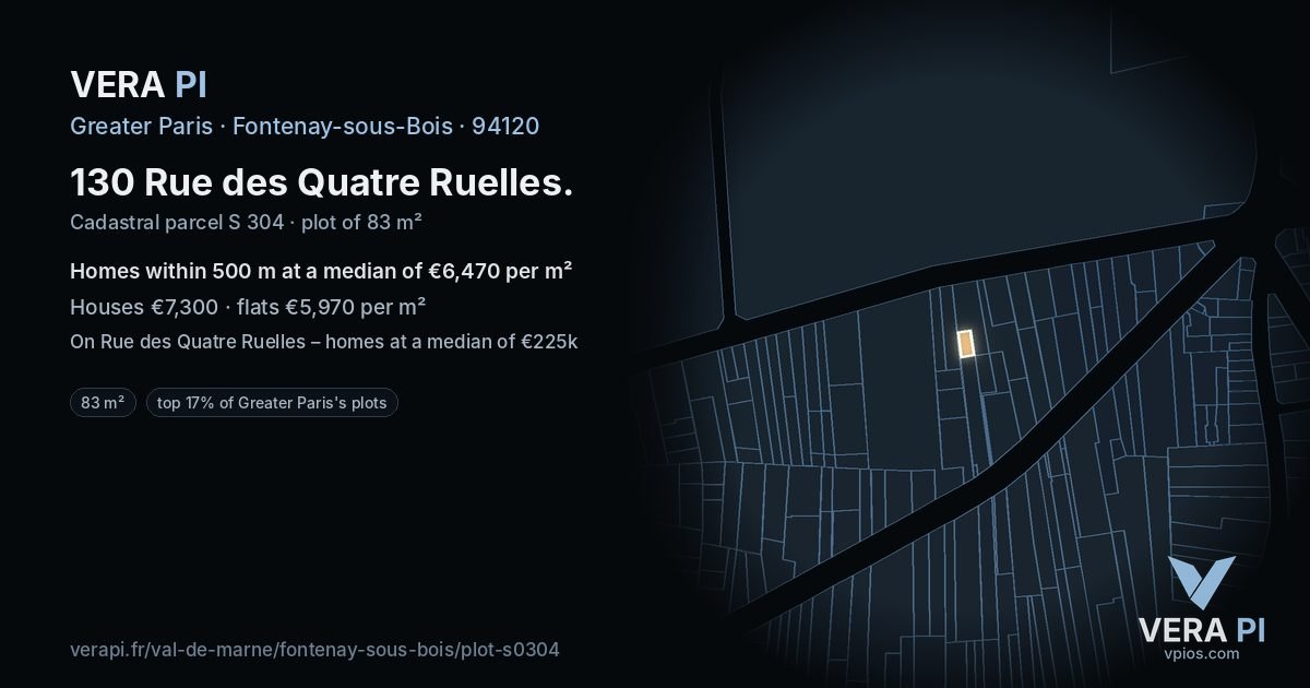 130 Rue des Quatre Ruelles, Fontenay-sous-Bois at night – the plot lit, the parcels around coloured by the prices near them