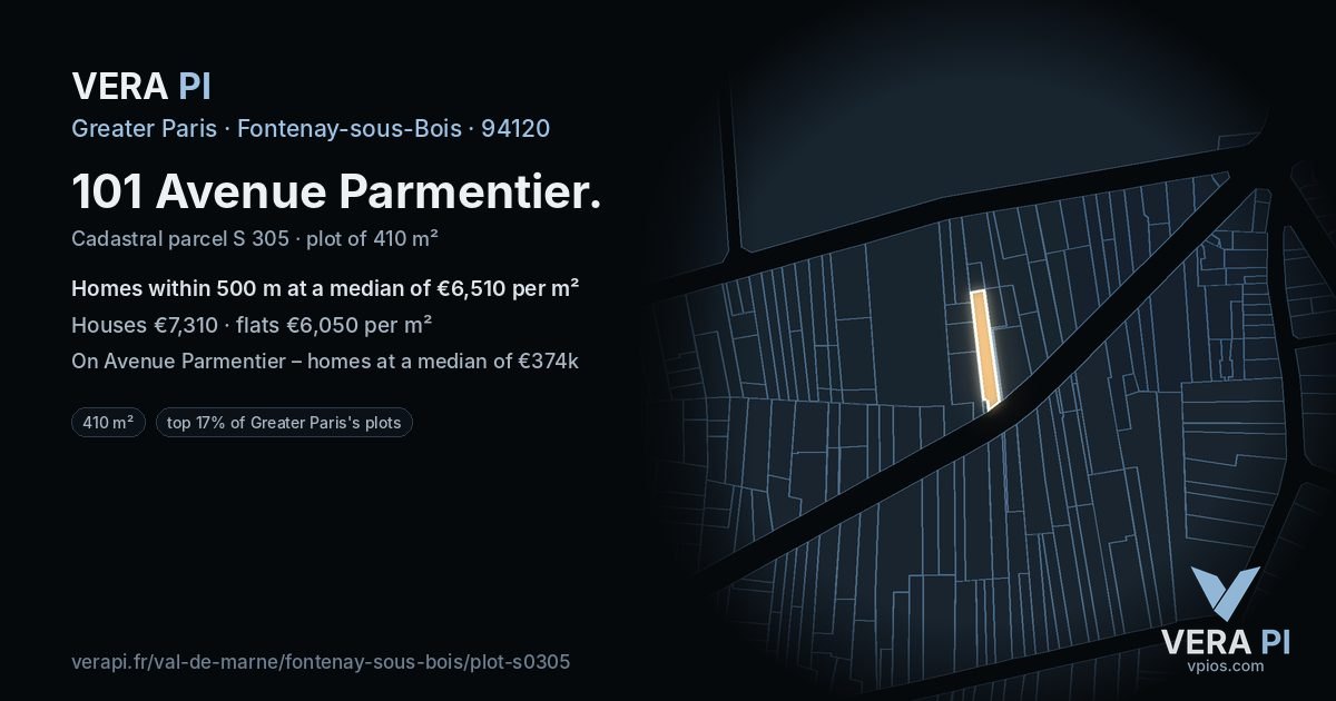 101 Avenue Parmentier, Fontenay-sous-Bois at night – the plot lit, the parcels around coloured by the prices near them
