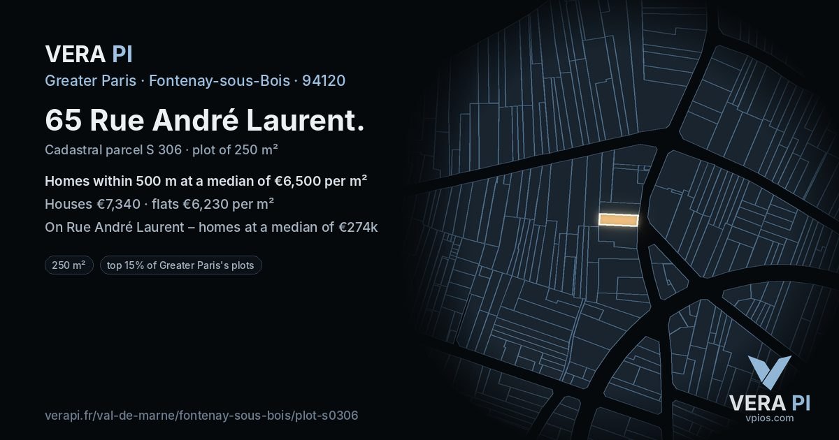 65 Rue André Laurent, Fontenay-sous-Bois at night – the plot lit, the parcels around coloured by the prices near them