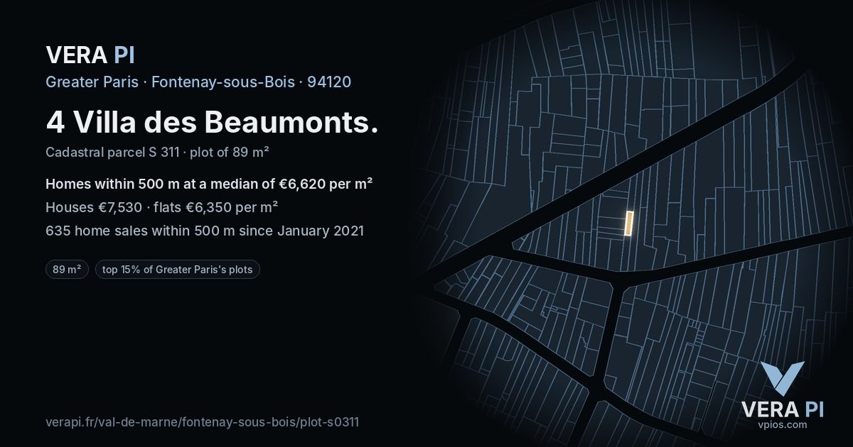4 Villa des Beaumonts, Fontenay-sous-Bois at night – the plot lit, the parcels around coloured by the prices near them