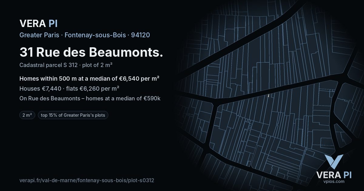 31 Rue des Beaumonts, Fontenay-sous-Bois at night – the plot lit, the parcels around coloured by the prices near them