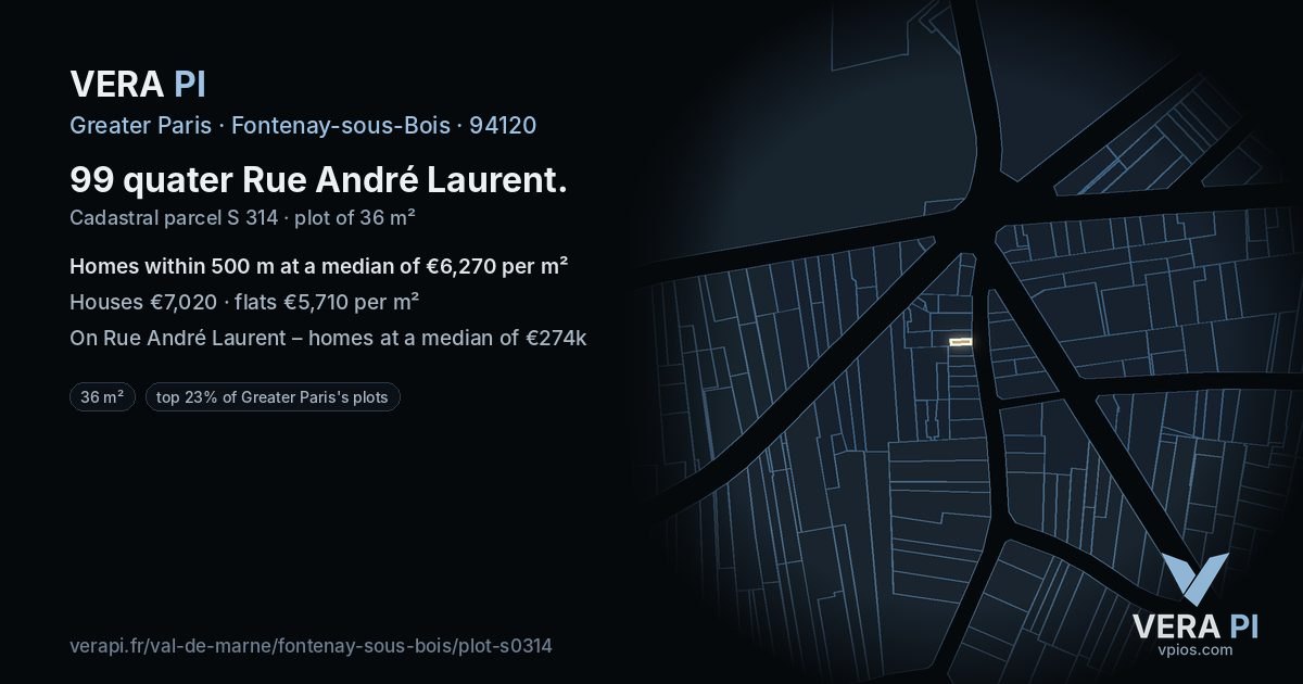 99 quater Rue André Laurent, Fontenay-sous-Bois at night – the plot lit, the parcels around coloured by the prices near them