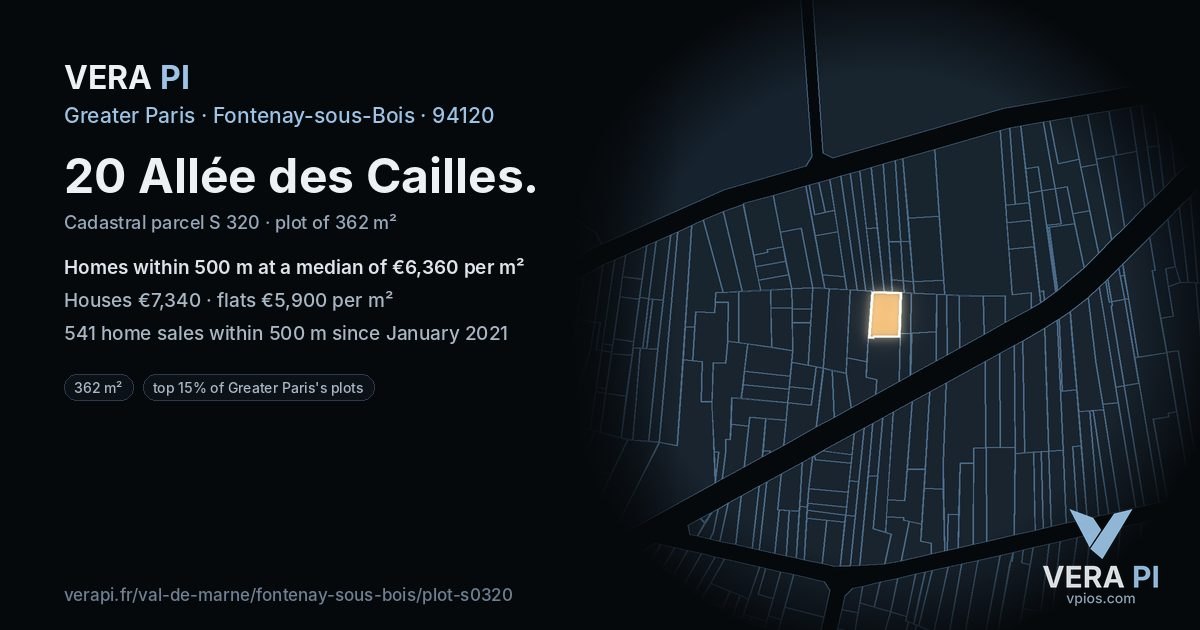 20 Allée des Cailles, Fontenay-sous-Bois at night – the plot lit, the parcels around coloured by the prices near them