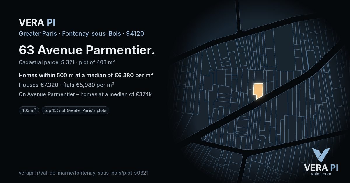 63 Avenue Parmentier, Fontenay-sous-Bois at night – the plot lit, the parcels around coloured by the prices near them