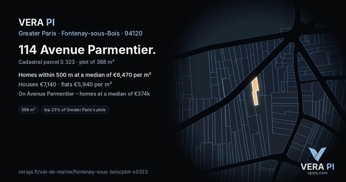 114 Avenue Parmentier, Fontenay-sous-Bois at night – the plot lit, the parcels around coloured by the prices near them