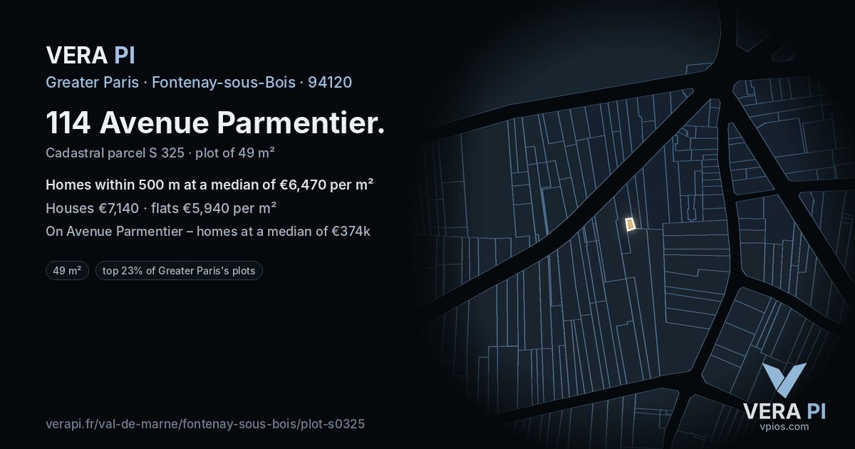 114 Avenue Parmentier, Fontenay-sous-Bois at night – the plot lit, the parcels around coloured by the prices near them