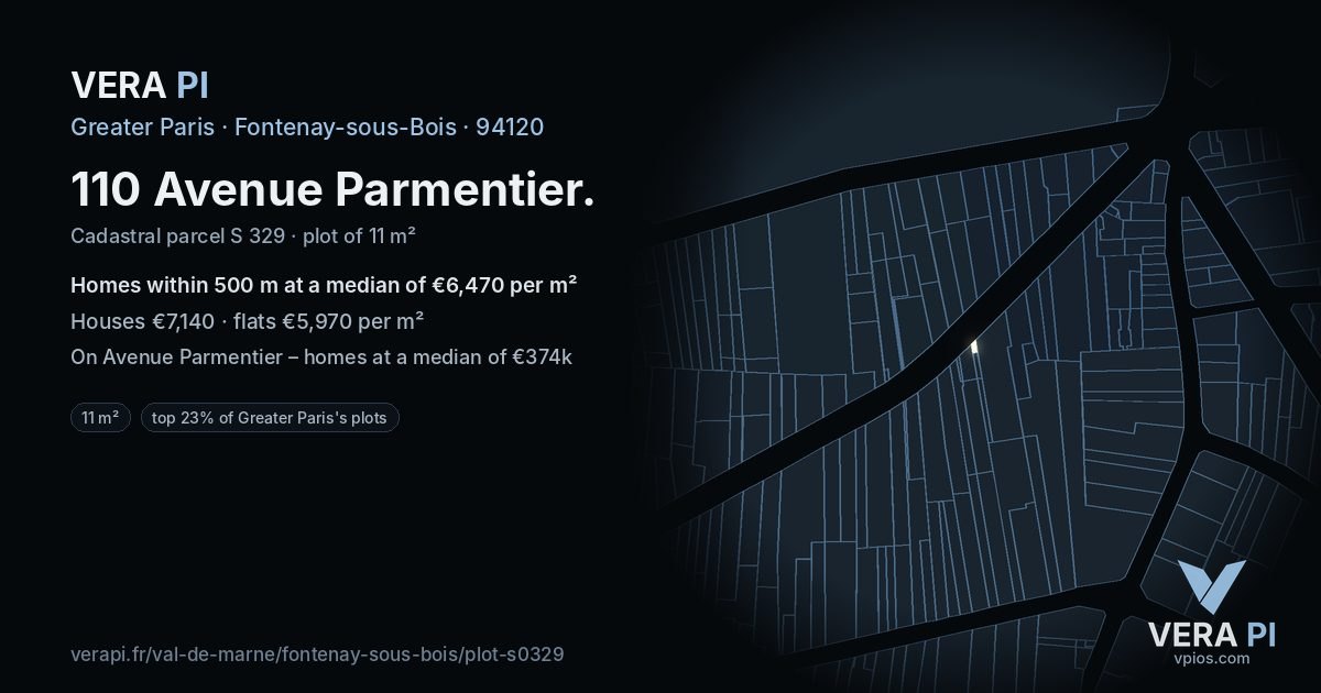 110 Avenue Parmentier, Fontenay-sous-Bois at night – the plot lit, the parcels around coloured by the prices near them