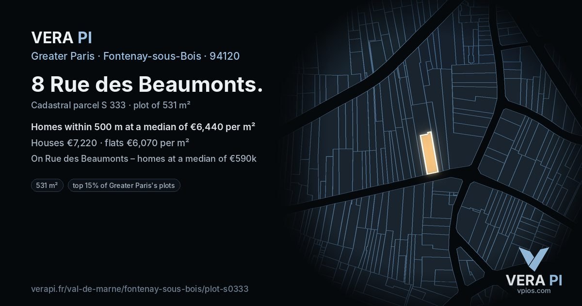 8 Rue des Beaumonts, Fontenay-sous-Bois at night – the plot lit, the parcels around coloured by the prices near them