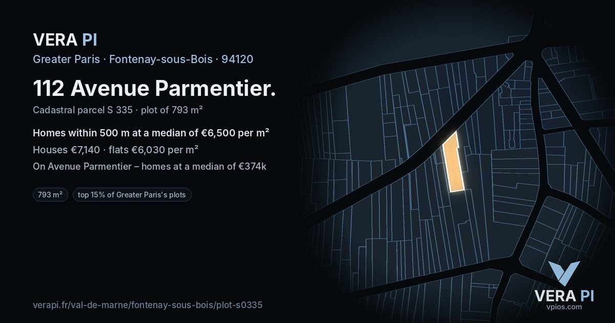 112 Avenue Parmentier, Fontenay-sous-Bois at night – the plot lit, the parcels around coloured by the prices near them