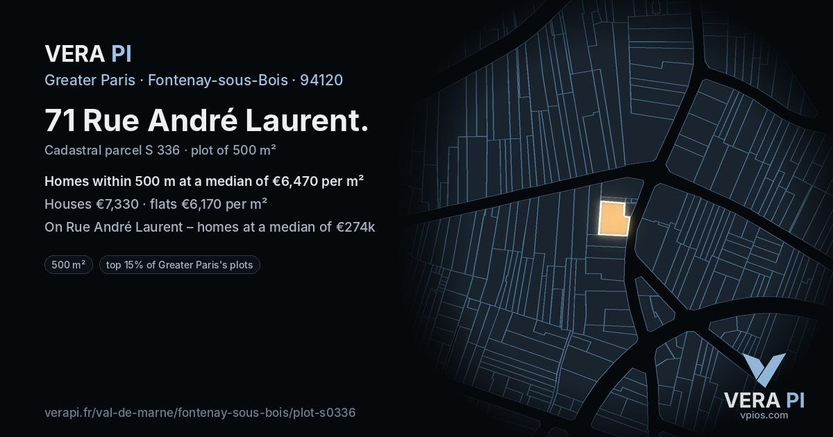 71 Rue André Laurent, Fontenay-sous-Bois at night – the plot lit, the parcels around coloured by the prices near them