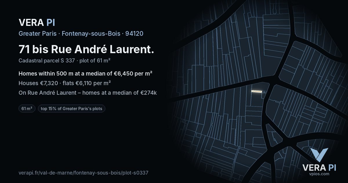 71 bis Rue André Laurent, Fontenay-sous-Bois at night – the plot lit, the parcels around coloured by the prices near them