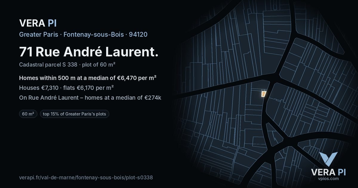 71 Rue André Laurent, Fontenay-sous-Bois at night – the plot lit, the parcels around coloured by the prices near them