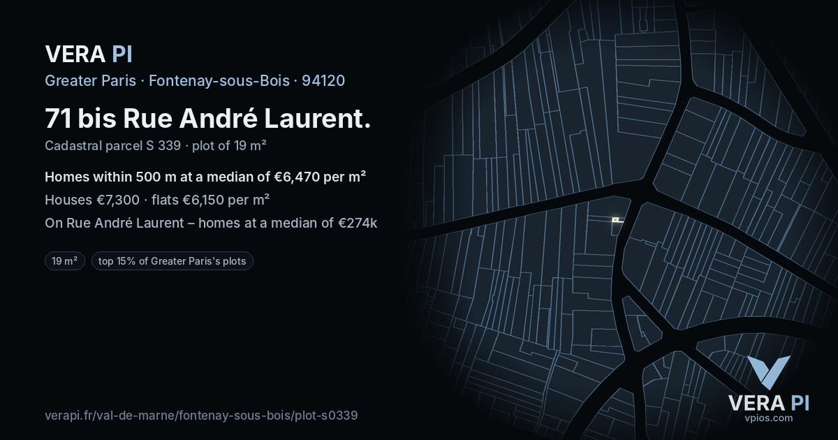 71 bis Rue André Laurent, Fontenay-sous-Bois at night – the plot lit, the parcels around coloured by the prices near them
