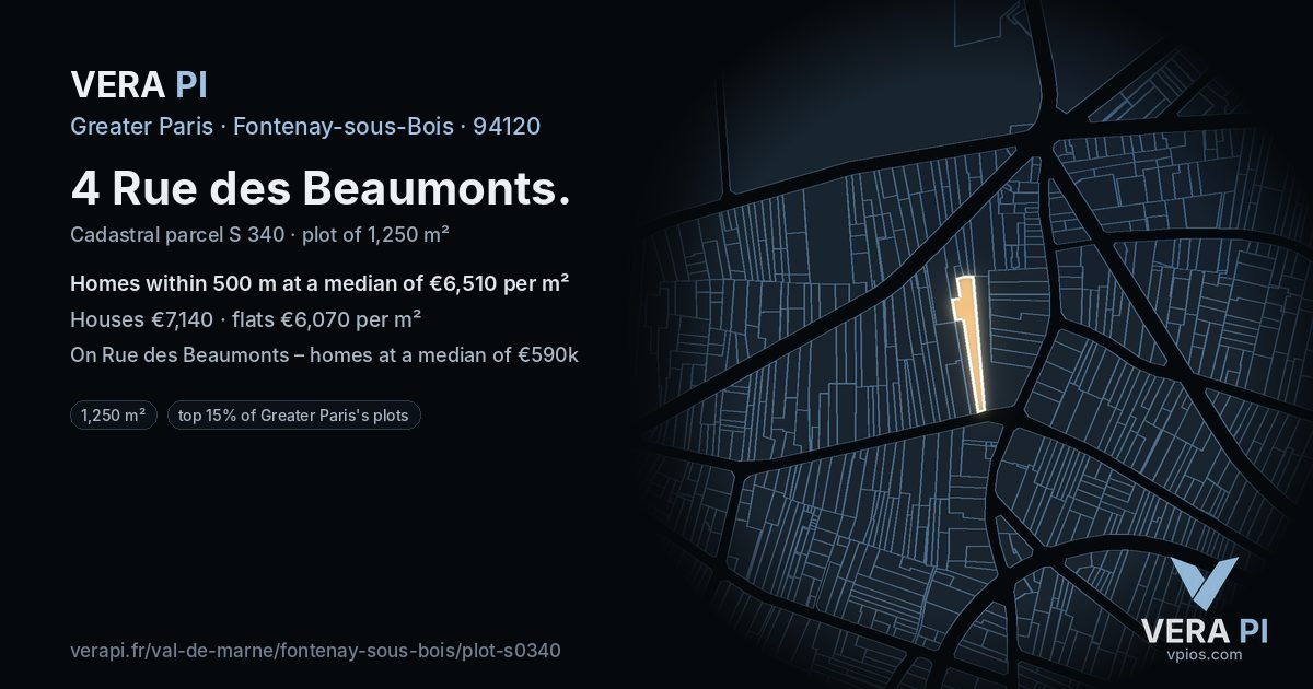 4 Rue des Beaumonts, Fontenay-sous-Bois at night – the plot lit, the parcels around coloured by the prices near them