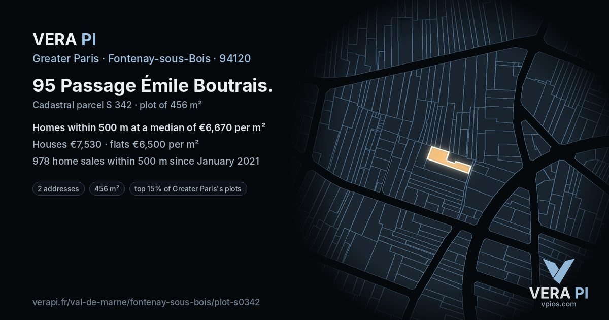95 Passage Émile Boutrais, Fontenay-sous-Bois at night – the plot lit, the parcels around coloured by the prices near them