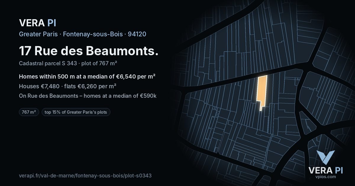 17 Rue des Beaumonts, Fontenay-sous-Bois at night – the plot lit, the parcels around coloured by the prices near them