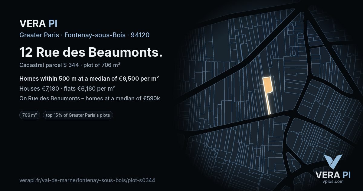 12 Rue des Beaumonts, Fontenay-sous-Bois at night – the plot lit, the parcels around coloured by the prices near them