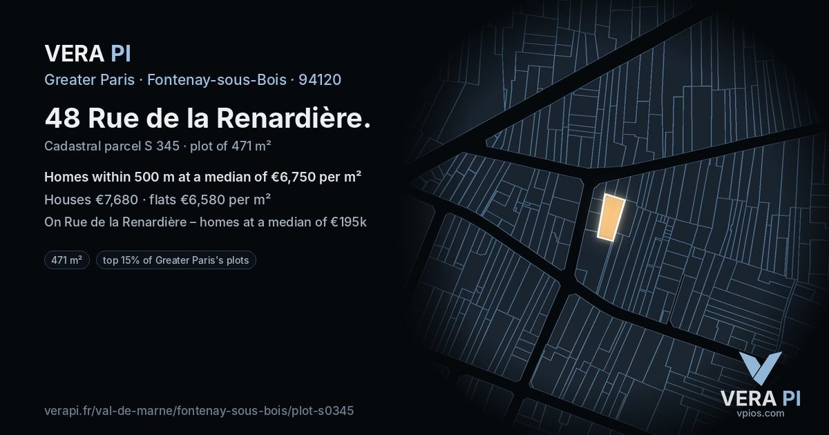 48 Rue de la Renardière, Fontenay-sous-Bois at night – the plot lit, the parcels around coloured by the prices near them