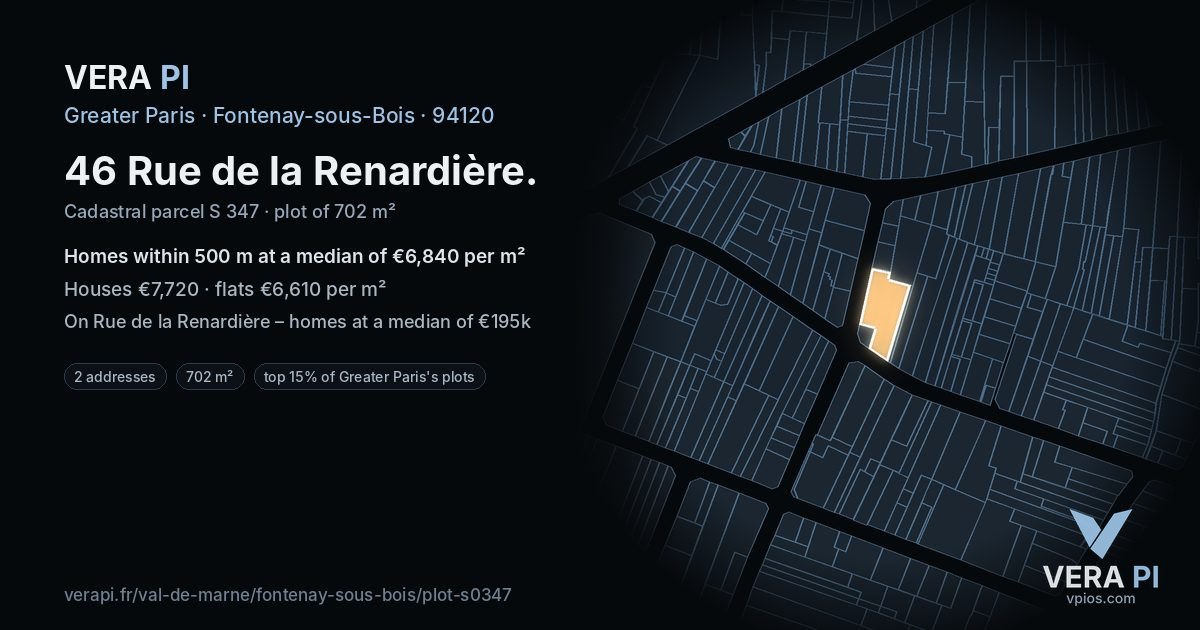 46 Rue de la Renardière, Fontenay-sous-Bois at night – the plot lit, the parcels around coloured by the prices near them