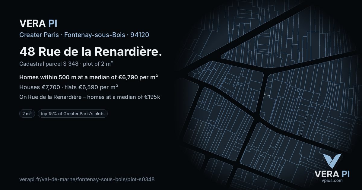 48 Rue de la Renardière, Fontenay-sous-Bois at night – the plot lit, the parcels around coloured by the prices near them