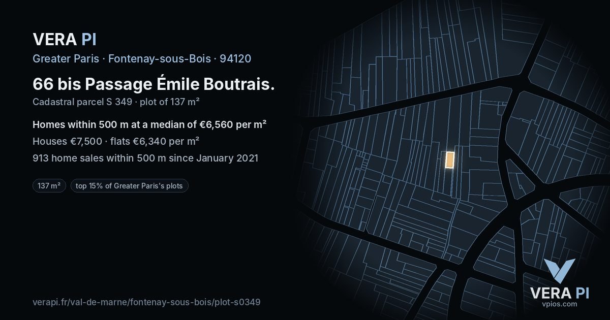 66 bis Passage Émile Boutrais, Fontenay-sous-Bois at night – the plot lit, the parcels around coloured by the prices near them