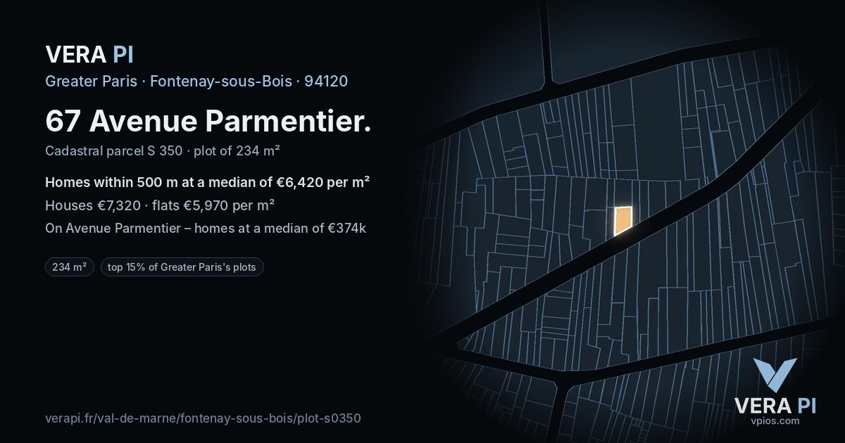 67 Avenue Parmentier, Fontenay-sous-Bois at night – the plot lit, the parcels around coloured by the prices near them