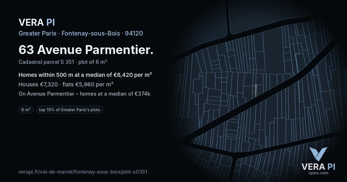 63 Avenue Parmentier, Fontenay-sous-Bois at night – the plot lit, the parcels around coloured by the prices near them