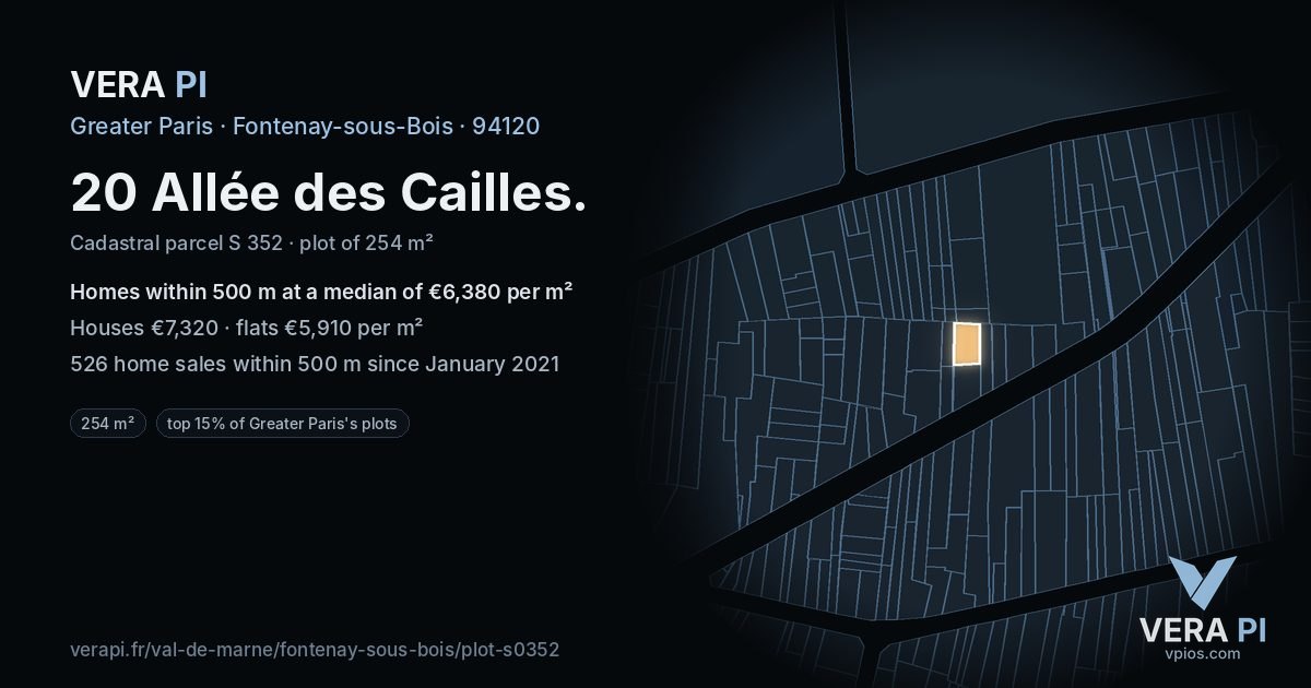 20 Allée des Cailles, Fontenay-sous-Bois at night – the plot lit, the parcels around coloured by the prices near them