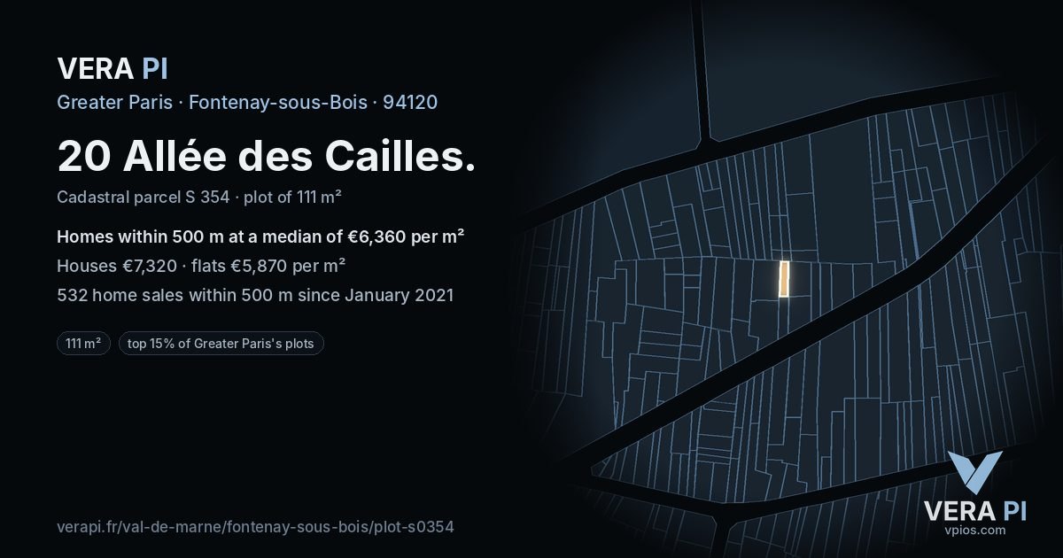 20 Allée des Cailles, Fontenay-sous-Bois at night – the plot lit, the parcels around coloured by the prices near them