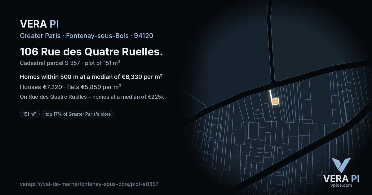 106 Rue des Quatre Ruelles, Fontenay-sous-Bois at night – the plot lit, the parcels around coloured by the prices near them