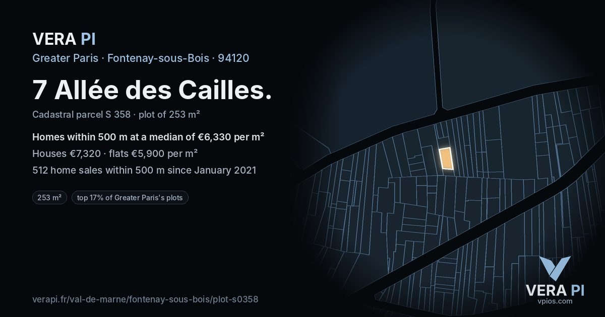 7 Allée des Cailles, Fontenay-sous-Bois at night – the plot lit, the parcels around coloured by the prices near them