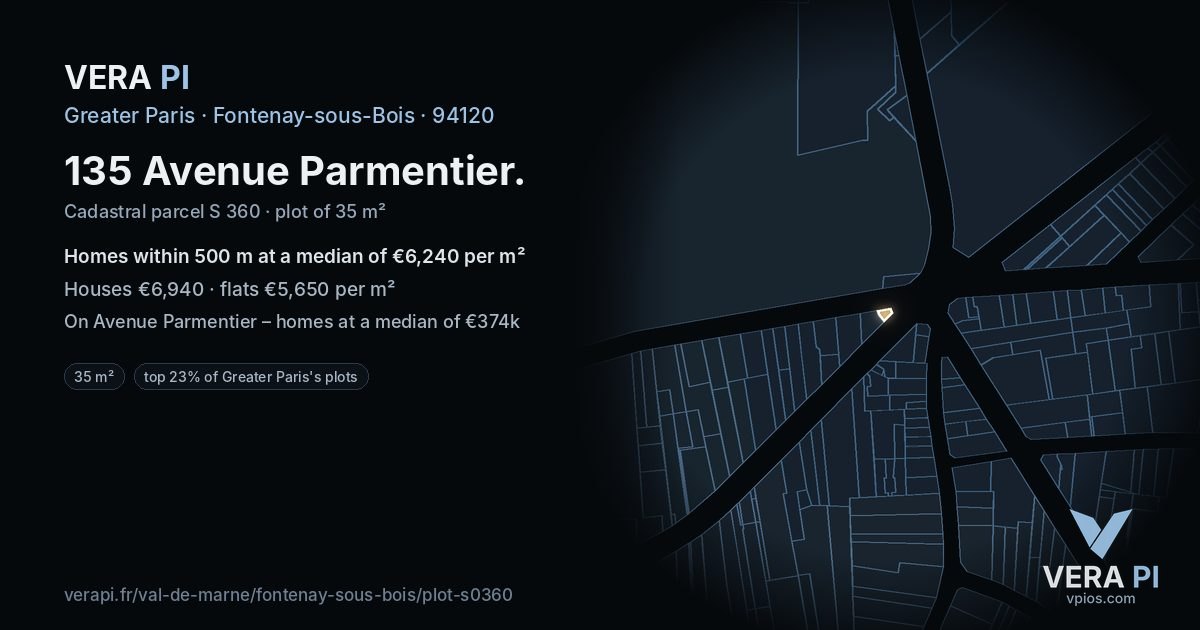135 Avenue Parmentier, Fontenay-sous-Bois at night – the plot lit, the parcels around coloured by the prices near them