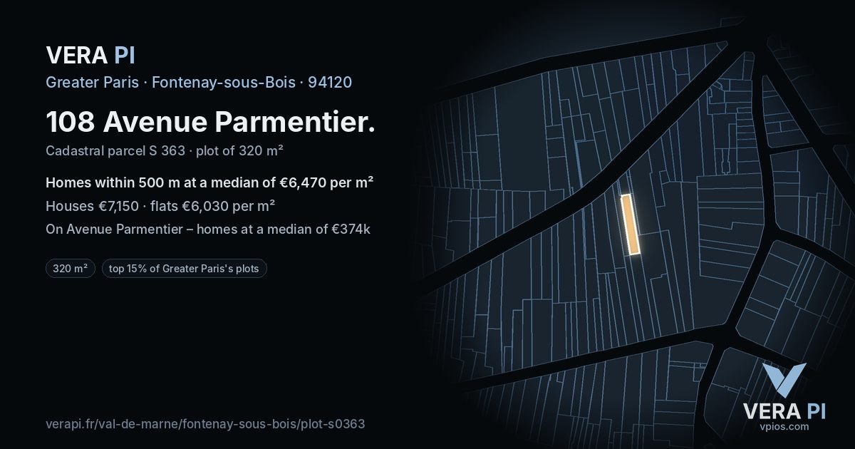 108 Avenue Parmentier, Fontenay-sous-Bois at night – the plot lit, the parcels around coloured by the prices near them