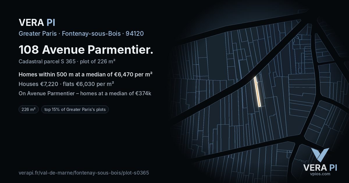 108 Avenue Parmentier, Fontenay-sous-Bois at night – the plot lit, the parcels around coloured by the prices near them