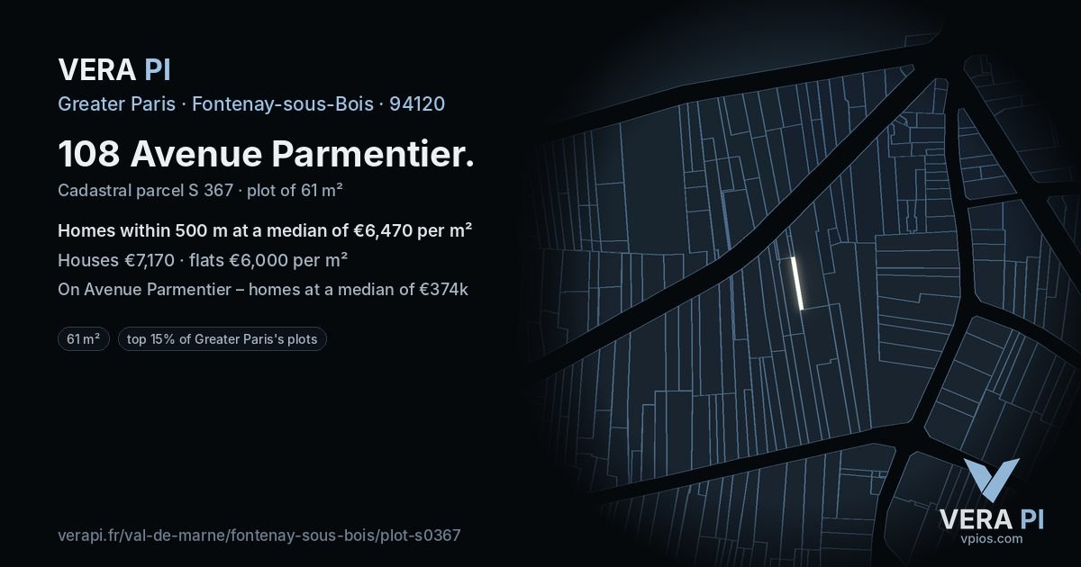 108 Avenue Parmentier, Fontenay-sous-Bois at night – the plot lit, the parcels around coloured by the prices near them