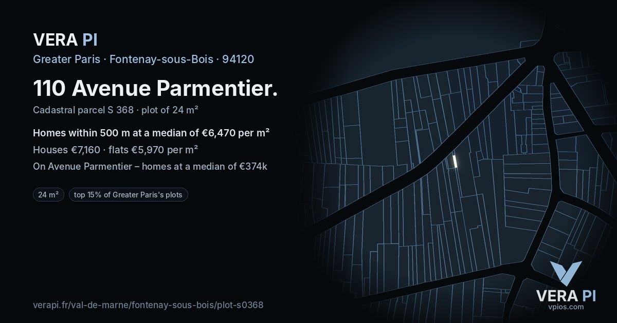 110 Avenue Parmentier, Fontenay-sous-Bois at night – the plot lit, the parcels around coloured by the prices near them