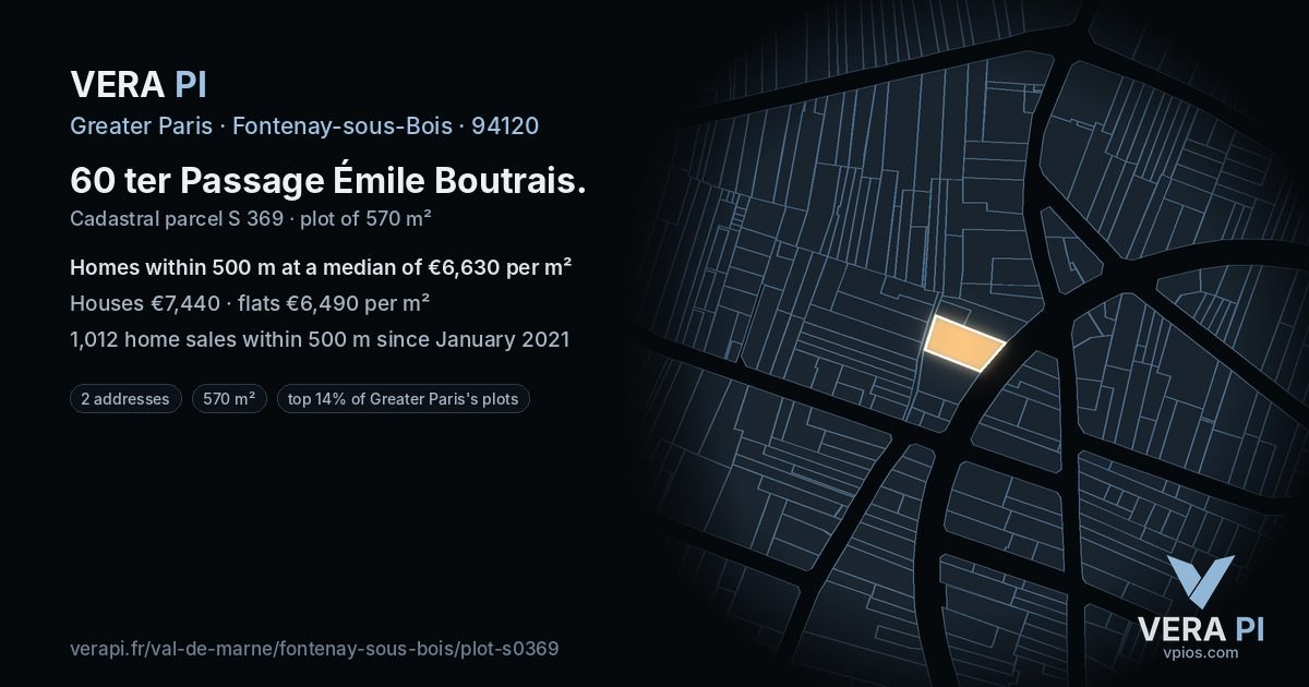 60 ter Passage Émile Boutrais, Fontenay-sous-Bois at night – the plot lit, the parcels around coloured by the prices near them