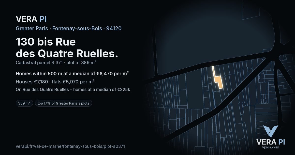 130 bis Rue des Quatre Ruelles, Fontenay-sous-Bois at night – the plot lit, the parcels around coloured by the prices near them