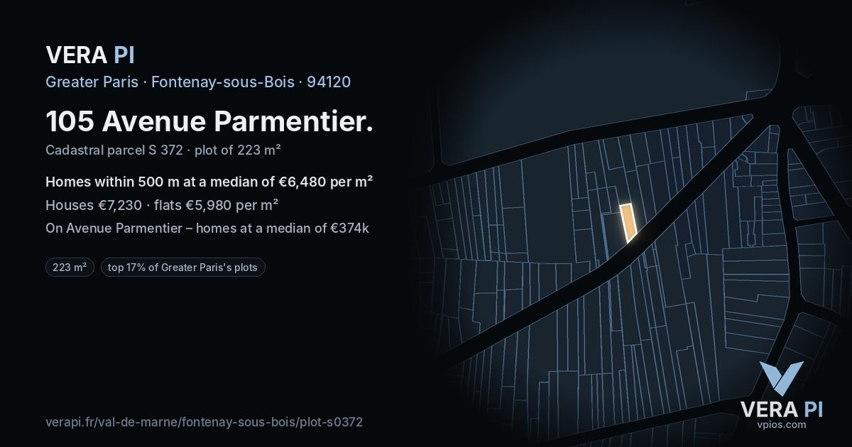 105 Avenue Parmentier, Fontenay-sous-Bois at night – the plot lit, the parcels around coloured by the prices near them