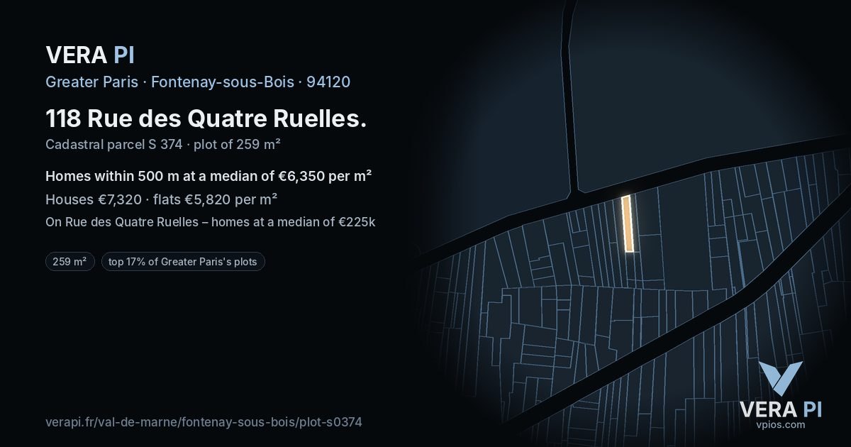 118 Rue des Quatre Ruelles, Fontenay-sous-Bois at night – the plot lit, the parcels around coloured by the prices near them