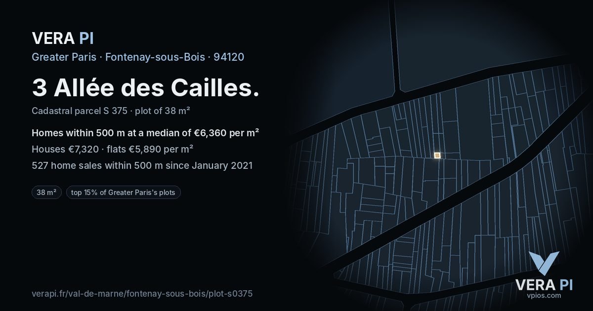 3 Allée des Cailles, Fontenay-sous-Bois at night – the plot lit, the parcels around coloured by the prices near them