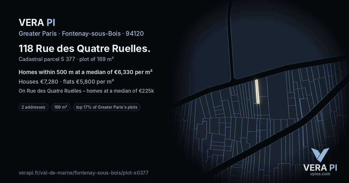 118 Rue des Quatre Ruelles, Fontenay-sous-Bois at night – the plot lit, the parcels around coloured by the prices near them