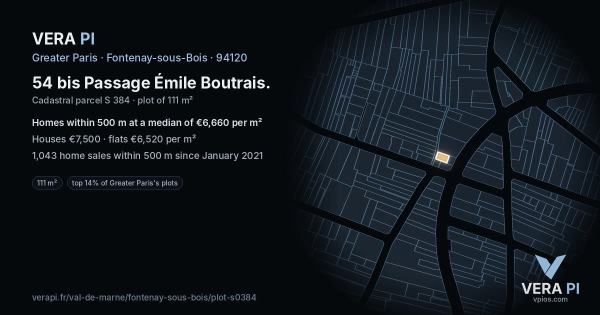 54 bis Passage Émile Boutrais, Fontenay-sous-Bois at night – the plot lit, the parcels around coloured by the prices near them