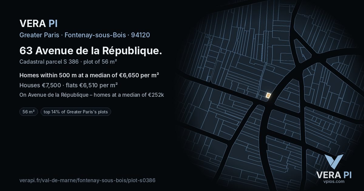 63 Avenue de la République, Fontenay-sous-Bois at night – the plot lit, the parcels around coloured by the prices near them