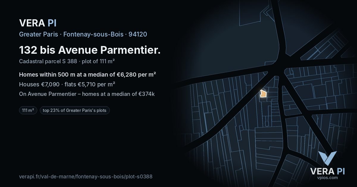 132 bis Avenue Parmentier, Fontenay-sous-Bois at night – the plot lit, the parcels around coloured by the prices near them