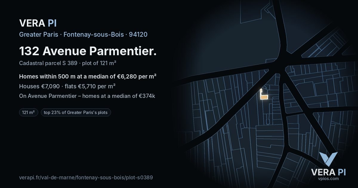 132 Avenue Parmentier, Fontenay-sous-Bois at night – the plot lit, the parcels around coloured by the prices near them