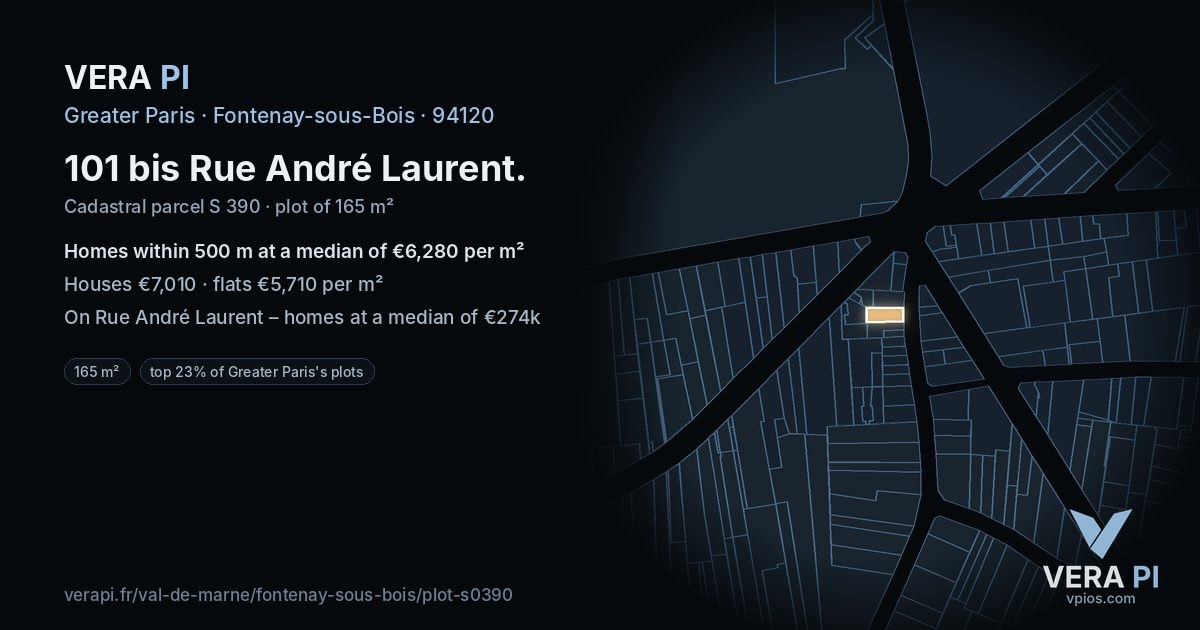 101 bis Rue André Laurent, Fontenay-sous-Bois at night – the plot lit, the parcels around coloured by the prices near them