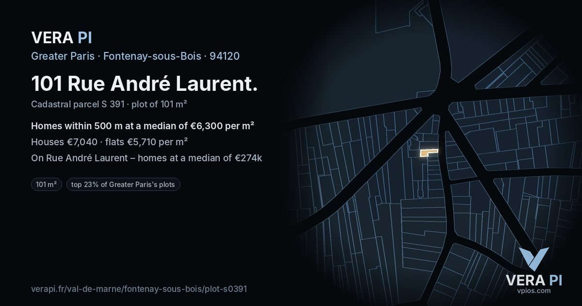 101 Rue André Laurent, Fontenay-sous-Bois at night – the plot lit, the parcels around coloured by the prices near them