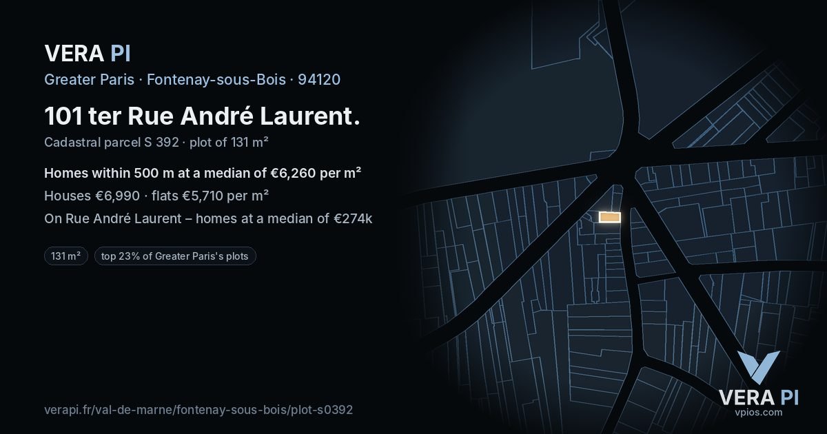 101 ter Rue André Laurent, Fontenay-sous-Bois at night – the plot lit, the parcels around coloured by the prices near them