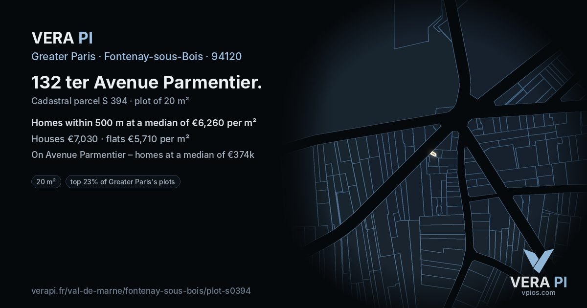 132 ter Avenue Parmentier, Fontenay-sous-Bois at night – the plot lit, the parcels around coloured by the prices near them